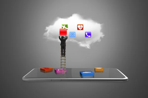 App blocks smart tablet with cloud and businessman climbing ladd — Stock Photo, Image