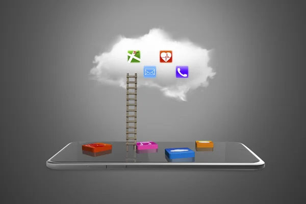 App blocks on smart tablet with cloud and ladder — Stock Photo, Image