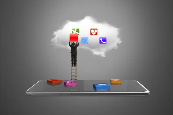 App blocca tablet intelligente con cloud e ladd arrampicata uomo d'affari Foto Stock