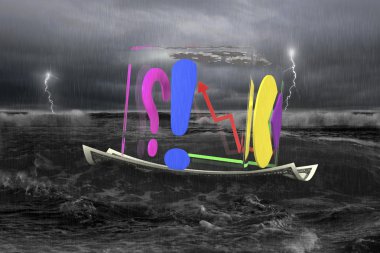 transparent cube of business graphs on money boat with storm clipart