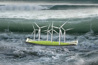 Wind turbines on money boat with oncoming wave in ocean clipart