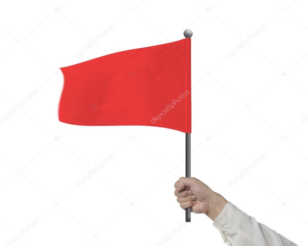Man hand holding wavy red flag isolated in white