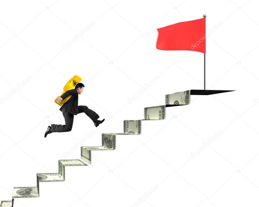Businessman carrying gold USD on money stairs with red flag