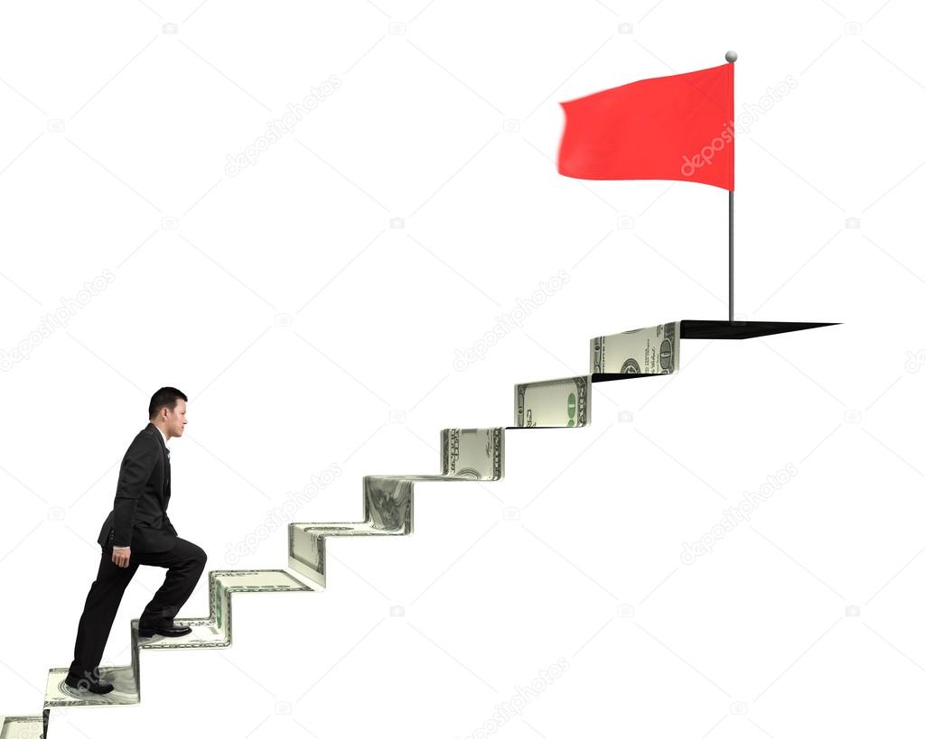 man climbing to top for red flag on money stairs