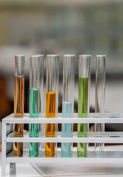 Image Test Tubes Colorful Solutions Placed Rack Laboratory — Stock Photo, Image