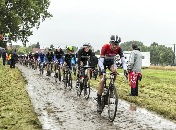 The Peloton on a Cobbled Road- Tour de France 2014 — Stock Photo, Image