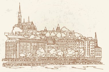 Budapeşte Şatosu ve Tuna Nehri 'nin vektör çizimi