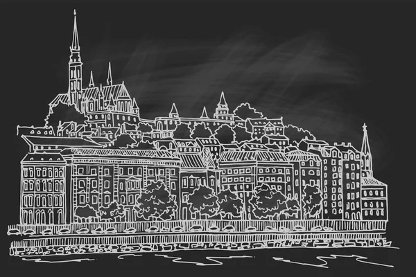 布达佩斯城市景观与Buda城堡和多瑙河的病媒草图 — 图库矢量图片