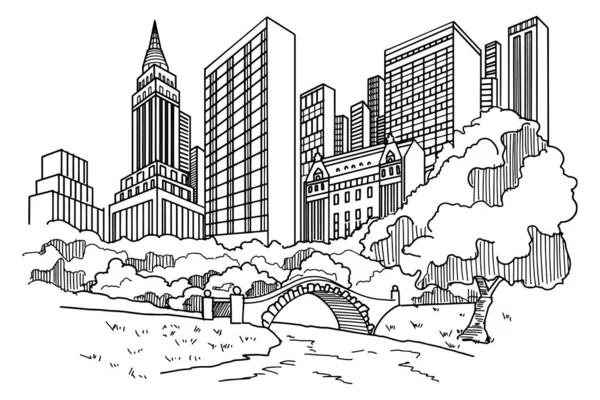 Desenho Feito Mão Central Park Cidade Nova Iorque —  Vetores de Stock