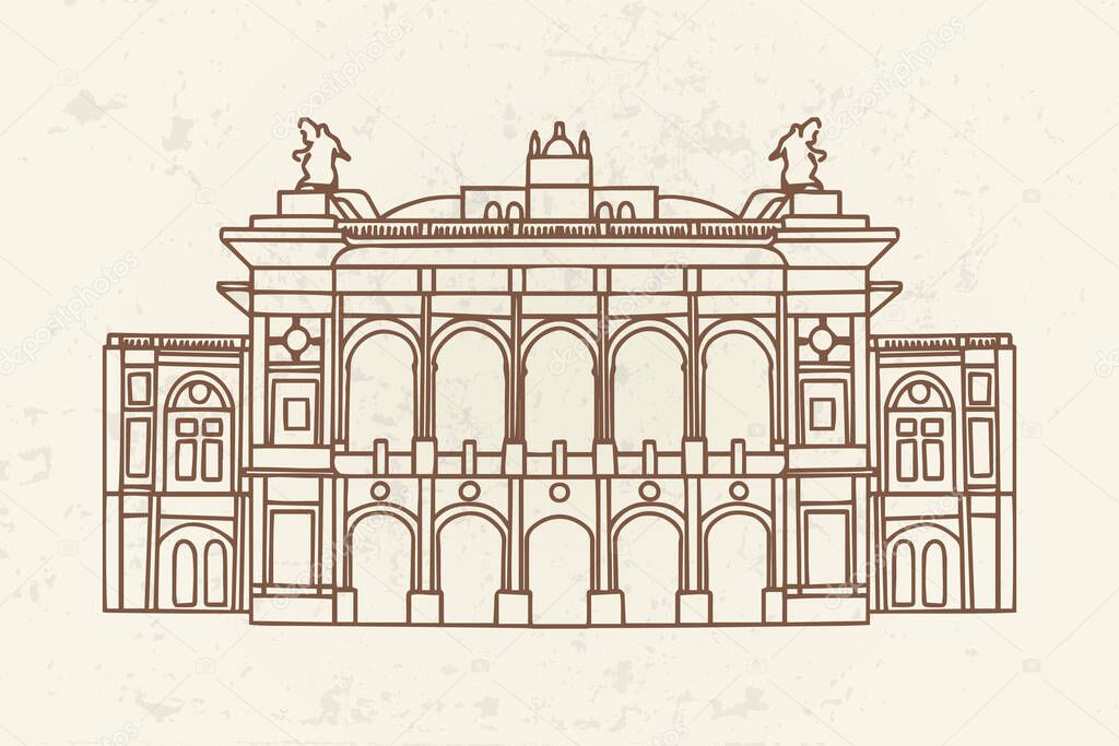 vector sketch of  Wiener Ringstrasse with Burgtheater, Vienna, Austria