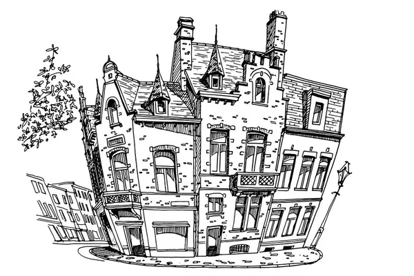 Vector Sketch Traditional Architecture Town Bruges Brugge Bélgica — Vetor de Stock