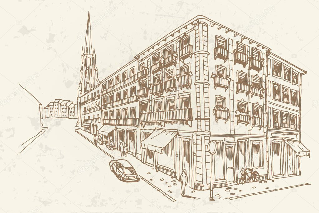 vector sketch of street scene in Bordeaux, France.