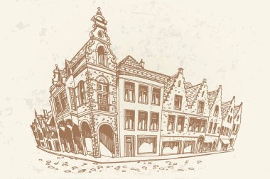 Bruges (Brugge), Belçika 'da geleneksel mimarinin vektör çizimi