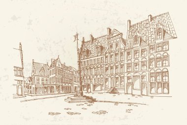 Ghent, Belçika 'daki sokak manzarasının vektör çizimi.