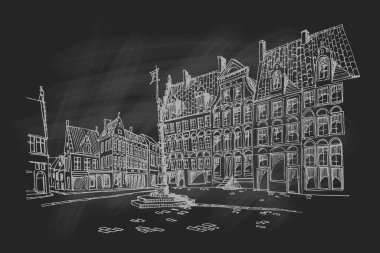 Ghent, Belçika 'daki sokak manzarasının vektör çizimi.