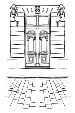 Verandalı eski bir ahşap kapının el çizimi vektör taslağı