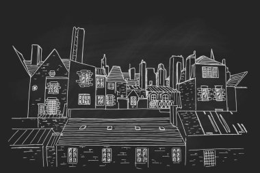 Avrupa şehir manzarasının el çizimi mürekkep çizimi.