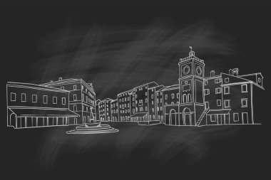 Hırvatistan 'ın Rovinj kentinin mimarisinin vektör çizimi. Retro biçimi.