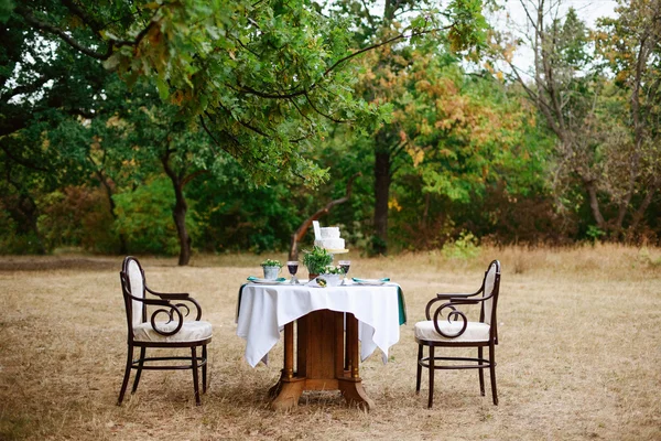 Mesa decorada para dos con composición floral sobre un fondo de parque — Foto de Stock