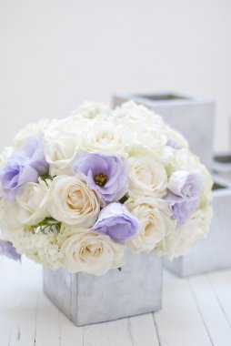 Güzel beyaz ve mavi gümüş Vazoda Çiçekler. Beyaz arka plan