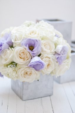 Güzel beyaz ve mavi gümüş Vazoda Çiçekler. Beyaz arka plan