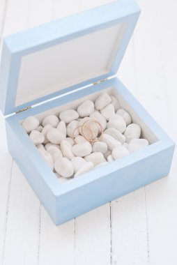 Mavi kutusunda beyaz taşlı alyans. Düğün töreni