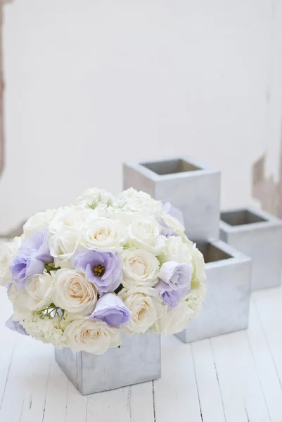 Hermosas flores blancas y azules en plata vase.White fondo —  Fotos de Stock