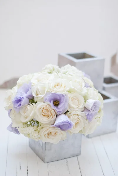 Hermosas flores blancas y azules en plata vase.White fondo —  Fotos de Stock