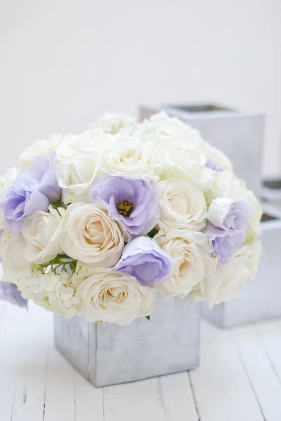 Hermosas flores blancas y azules en plata vase.White fondo —  Fotos de Stock