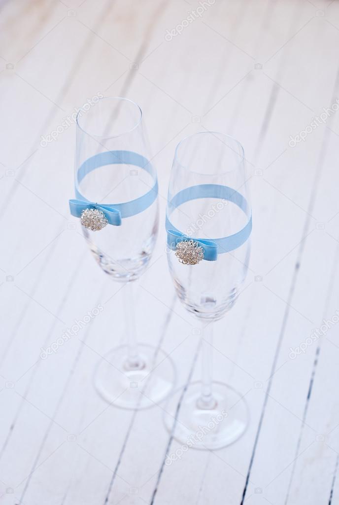 Two Elegant Champagne Glasses With Decoration Ribbon Stock