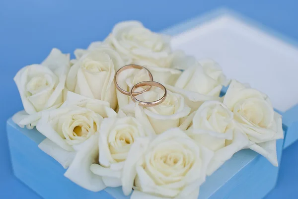 Goldene Trauringe mit weißen Rosen in der Geschenkbox — Stockfoto