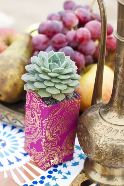 Wedding table arrangement in desert sand of Morocco stile. Fresh grapes near the salver with apples and pears — Stock Photo, Image