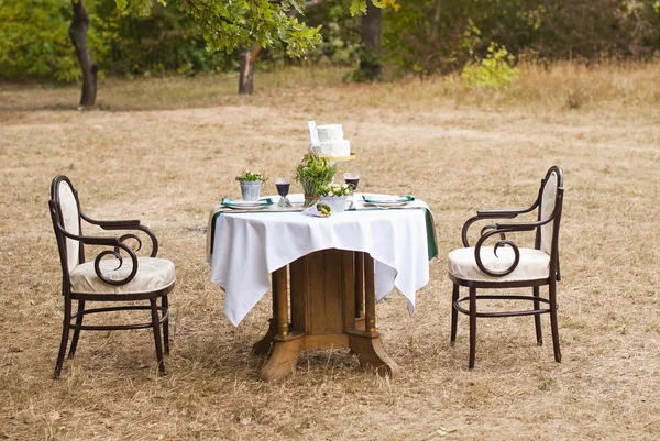 Bröllop tabellen arrangemanget i höst park — Stockfoto