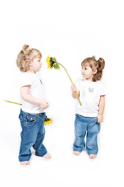 Kleine Schwestern mit Sonnenblumen — Stockfoto