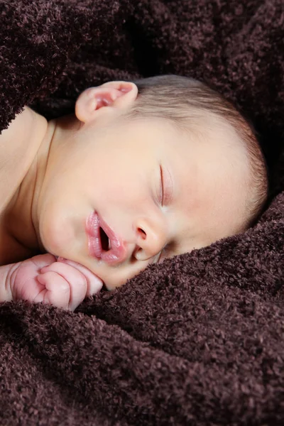 Yeni doğan bebek üzerinde kahverengi battaniye uyku — Stok fotoğraf