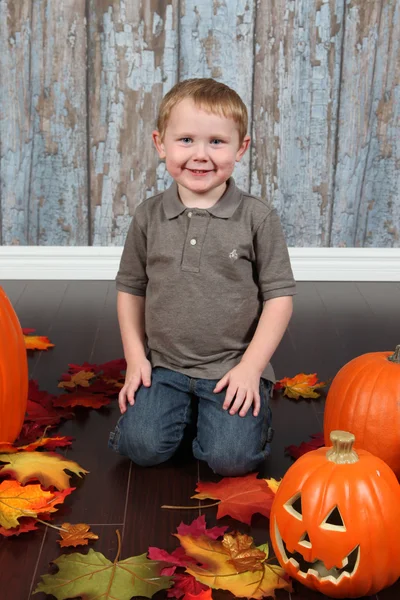 秋の紅葉とカボチャの小さな男の子 — ストック写真