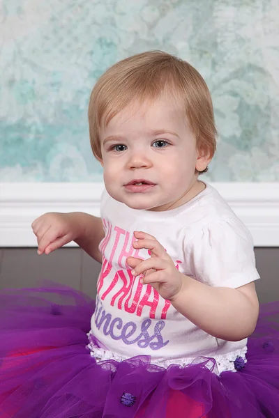 Little girl in birthday T-shirt — Stock Photo, Image