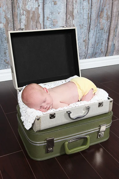 Newborn Baby boy lying in suitecase — Stock Photo, Image