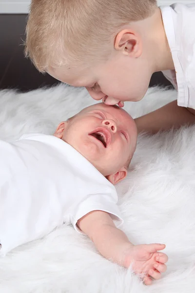 Маленький мальчик целует ребенка — стоковое фото