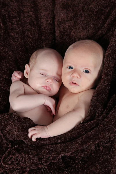 Hermano y hermana recién nacidos acostados sobre una manta marrón — Foto de Stock