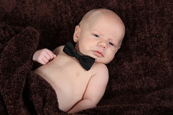 Pequeño niño con pajarita acostado en una manta — Foto de Stock