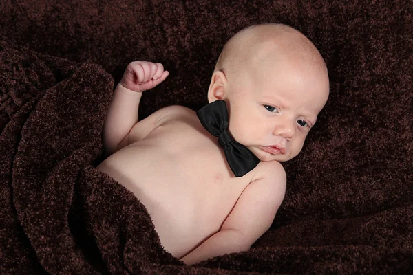 Pequeño niño con pajarita acostado en una manta — Foto de Stock