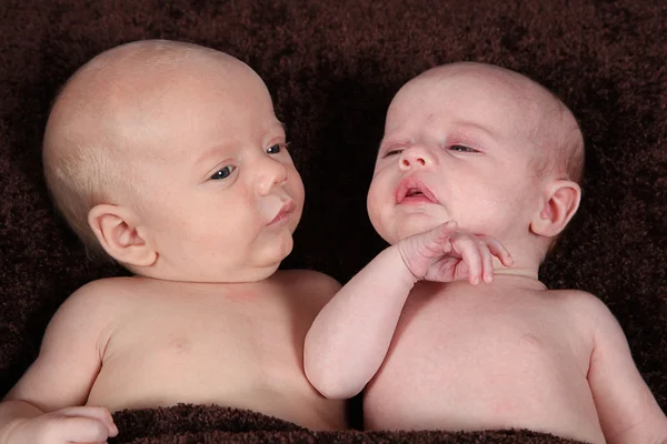 Hermano y hermana recién nacidos acostados sobre una manta marrón — Foto de Stock