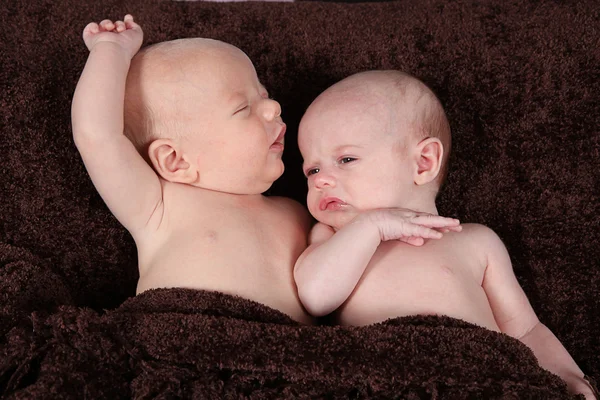 Hermano y hermana recién nacidos acostados sobre una manta marrón —  Fotos de Stock