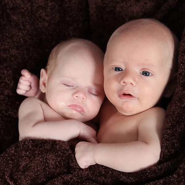 Hermano y hermana recién nacidos acostados sobre una manta marrón — Foto de Stock
