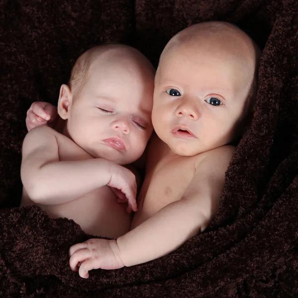 Frère et sœur nouveau-nés couchés sur une couverture brune — Photo