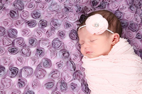Recién nacido chica durmiendo en púrpura manta — Foto de Stock