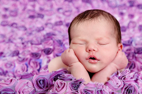 Újszülött lány alszik a lila takaró — Stock Fotó