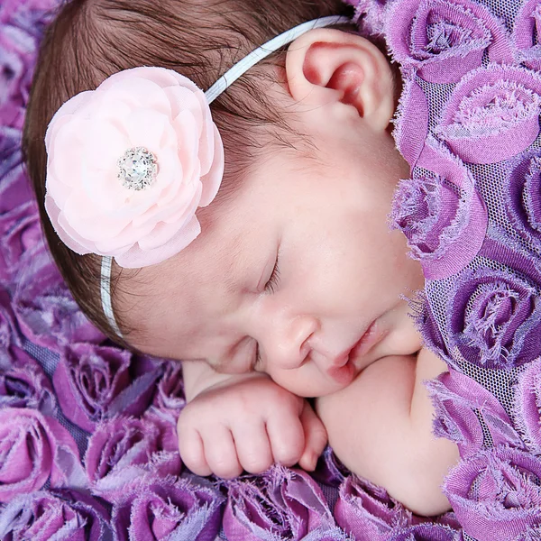 Újszülött lány alszik a lila takaró — Stock Fotó