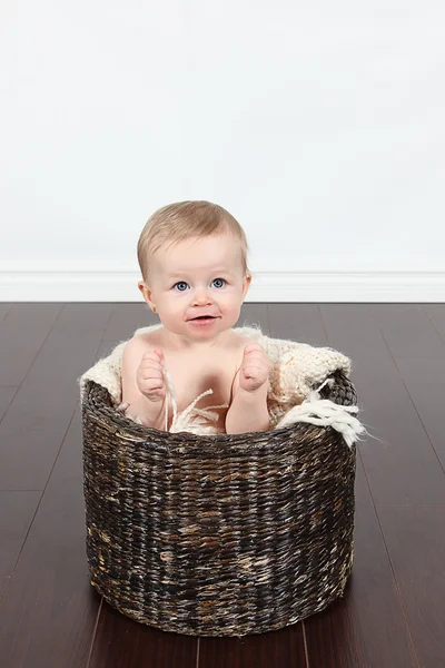 Ładny mały siedzi w koszyku — Zdjęcie stockowe